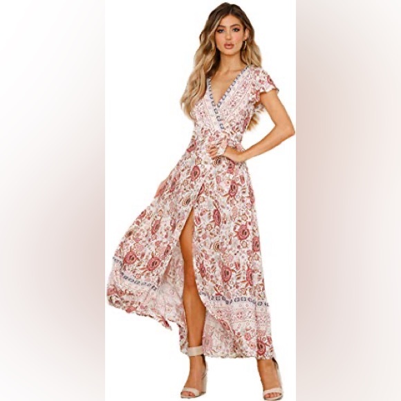 HP❤️New Women Fashion Boho Summer Side Split Deep V Neck Maxi Dress Sz S - Picture 5 of 11